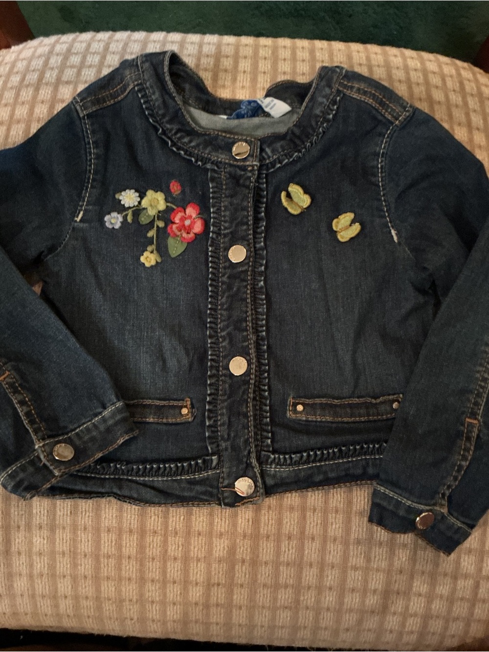 Mayoral Dark Blue Denim Jacket with Floral & Butterfly Embroidery